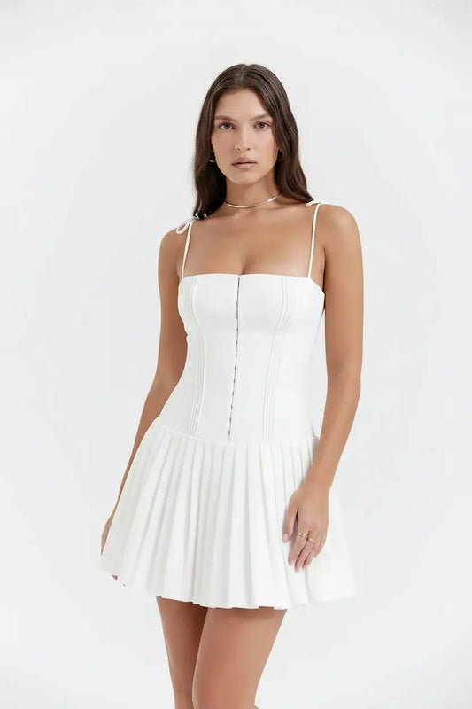 Lunara Women's White Pleated Dress – Premium Fabric, Dynamic Pleats, Elegant Style | White | XS–L Lunara